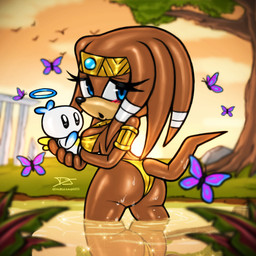 ambiguous_gender anthro bikini blue_eyes blush butt carrying_another clothing crown duo female gold_bikini halo headgear lake orange_body partially_submerged plant reflection swimwear tail tiara tree two-piece_swimsuit wet white_body wings doublejumparts sega sonic_adventure sonic_the_hedgehog_(series) tikal_the_echidna arthropod butterfly chao_(sonic) echidna hero_chao insect lepidopteran mammal monotreme absurd_res hi_res