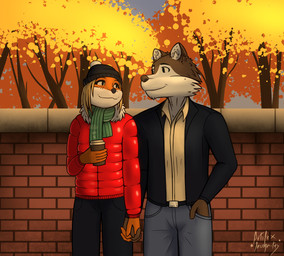 anthro autumn brick brick_wall brown_body clothed clothing container cup disposable_cup duo eye_contact female freckles hand_holding hand_in_pocket happy jacket looking_at_another male male/female orange_body outside pockets romantic romantic_couple topwear wall_(structure) white_body artifexincognitus canid canine canis domestic_dog fox husky mammal nordic_sled_dog spitz hi_res