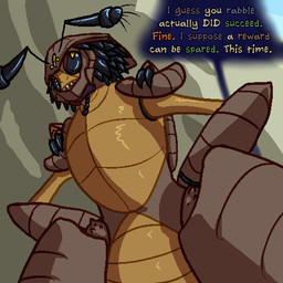 ambiguous_gender antennae_(anatomy) anthro black_sclera claws dialogue eye_roll hair hands_on_hips low-angle_view mandibles multi_arm multi_eye multi_limb sharp_teeth short_hair solo speech_bubble teeth text yellow_eyes badday_(artist) out-of-placers arthropod indrel 1:1 aliasing binary_drawing digital_drawing_(artwork) digital_media_(artwork) english_text