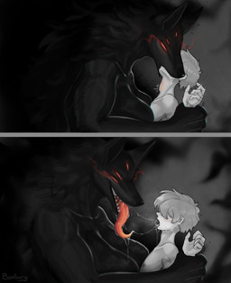 5_eyes after_kiss anthro arm_grab big_breasts black_body black_ears black_fur black_inner_ear black_nose bodily_fluids breasts dripping drooling duo extreme_french_kiss eyelashes female female_anthro female_on_human french_kissing fur glowing glowing_eyes grey_background hair hair_over_eyes human_on_anthro humanoid_hands interspecies kissing larger_anthro larger_female light_body light_skin long_tongue looking_at_another looking_at_partner male male/female male_human male_on_anthro monotone_body monotone_fur multi_eye neck_bulge nude nude_anthro nude_female nude_human nude_male open_mouth open_smile pink_tongue red_eyes restrained saliva saliva_drip saliva_string sharp_teeth side_view simple_background size_difference smaller_human smaller_male smile teeth tongue tongue_out bunbury canid canid_demon canine canis demon human mammal wolf 2025 comic digital_media_(artwork) hi_res sequence shaded signature spot_color