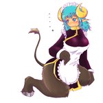 2_horns asian_clothing bashful blue_eyes blue_hair brown_body brown_fur chinese_clothing clothing east_asian_clothing female fur hair hooves horn humanoid_pointy_ears maid_apron maid_headdress purple_clothing simple_background tail tail_tuft text tuft white_background seirei asian_mythology chinese_mythology east_asian_mythology futaba_channel mythology nijiura_maids toutetsu-san animal_humanoid bovid bovid_humanoid humanoid mammal mammal_humanoid taotie 1:1 2013 japanese_text