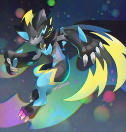 abstract_background ambiguous_gender anthro big_claws black_body black_fur blue_body blue_eyes blue_fur blue_pawpads claws fangs fur grey_body grey_fur hair lightning_whiskers pawpads paws ponytail solo striped_thighs stripes teeth white_claws yellow_body yellow_fur yellow_stripes tabbzart nintendo pokemon pokemon_legends_z-a generation_9_pokemon legendary_pokemon mega_evolution mega_zeraora pokemon_(species) hi_res