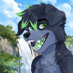 anthro black_body black_fur black_hair black_nose blue_sky cloud detailed_background fangs fur glistening glistening_eyes green_eyes green_hair green_pupils green_tongue grey_body grey_fur hair jewelry looking_at_viewer male multicolored_hair necklace nude open_mouth open_smile outside plant pupils shrub sky smile solo teeth tongue two_tone_hair unsigned waterfall corzh77 canid canine canis domestic_dog mammal 1:1 absurd_res bust_portrait detailed hi_res icon portrait
