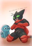 anthro black_body black_fur blue_body blue_fur cape clothing digitigrade duo featureless_crotch fur green_eyes humor male red_clothing scar text magyo6 cartoon_network mao_mao:_heroes_of_pure_heart ol'_blue sheriff_mao_mao_mao canid canine canis domestic_cat domestic_dog felid feline felis mammal english_text hi_res