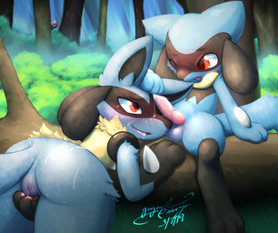 3_fingers 3_toes after_sex ambiguous_gender animal_genitalia animal_penis anthro anthro_on_anthro balls balls_blush being_watched black_body black_fur blue_balls blue_body blue_fur blush bodily_fluids body_blush butt canine_genitalia canine_penis cum cum_in_mouth cum_inside cum_on_butt cum_on_face cum_on_shoulder cum_on_tongue cute_fangs dark_pupils day detailed_background duo_focus ears_up erection eye_contact fangs feet female fingers fluffy fluffy_tail forest fur genital_fluids genitals group hand_on_head handpaw iris knot larger_female level_difference light looking_at_another looking_pleasured male male/female masturbation messy multicolored_body multicolored_fur nude one_eye_closed one_eye_obstructed open_mouth open_smile outside pawpads paws penis penis_on_face pink_pawpads pink_penis pink_vulva plant pointy_ears prick_ears pupils red_eyes red_pupils sex shrub sitting size_difference smaller_male smile snout sunlight tail teeth toes tongue tree tuft vaginal vaginal_fluid_string vaginal_fluids vaginal_masturbation vulva wet yellow_body yellow_fur gingy_k_fox nintendo pokemon canid canine generation_1_pokemon generation_4_pokemon lucario mammal pokemon_(species) riolu weedle 2019 dated digital_drawing_(artwork) digital_media_(artwork) hi_res signature