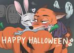 ambiguous_gender anthro clothing duo food fruit fur grey_body grey_fur heart_symbol holiday_message holidays jack-o'-lantern open_mouth open_smile orange_body orange_fur plant pumpkin shirt smile text tombstone topwear torn_clothing torn_shirt torn_topwear poki_o_o_o disney halloween zootopia judy_hopps nick_wilde ambient_ghost canid canine fox ghost lagomorph leporid mammal rabbit red_fox spirit true_fox english_text