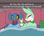 anthro bed bedding big_breasts blanket breasts clothed clothing duo female female/female furniture huge_breasts humor lying pajamas pillow plushie sweater text topwear r-mk ah_yes._me._my_girlfriend. nintendo pokemon ginger_(r-mk) june_greenfield garchomp generation_4_pokemon generation_5_pokemon marine pokemon_(species) reptile scalie serperior 2023 english_text meme