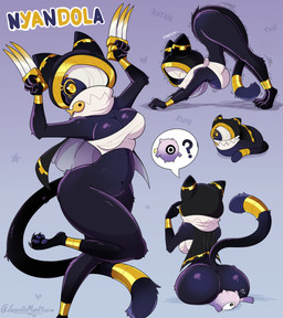 3_toes 4_fingers ambiguous_gender anthro big_breasts big_butt black_body breasts butt chest_wraps claw_(weapon) claws facesitting feet female female_anthro finger_claws fingers looking_at_viewer melee_weapon sitting_on_another solo stretching tail text thick_thighs toe_claws toes weapon wide_hips wraps yellow_eyes jasminthemanticore ratatan nyandola_(ratatan) domestic_cat felid feline felis mammal 2025 absurd_res character_name digital_media_(artwork) hi_res