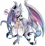 2016 absurd_res animal_print anthro bell big_breasts big_nipples biped blue_eyes blush body_writing breast_rest breasts claws clothing collar cow_print dragon english_text female grey_body grey_skin hanging_breasts heart_symbol hi_res horn huge_breasts kneeling legwear lips looking_at_viewer membrane_(anatomy) membranous_wings mythological_creature mythological_scalie mythology nipple_piercing nipples non-mammal_breasts one_eye_closed piercing red_lips reptile scalie silia_(elnadrin) simple_background slightly_chubby solo spikes stockings stripes tail text thick_thighs venusflowerart white_background wings writing_on_breasts