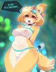 animal_crossing anthro big_breasts blush bodily_fluids breasts camel_toe canid canine canis clothed clothing dialogue domestic_dog english_text female genital_fluids hi_res isabelle_(animal_crossing) mammal navel nintendo open_mouth sex_toy shih_tzu solo text thick_thighs tight_clothing toy_dog tsampikos vaginal_fluids vibrator wide_hips
