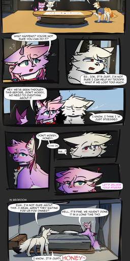 animal_genitalia bed blush bodily_fluids clothing dialogue dripping_wet duo eye_contact eyes_closed feathered_wings feathers feline_genitalia female feral fur furniture genital_fluids genitals hair heart_symbol horn humanoid_genitalia humanoid_genitalia_on_feral humanoid_vulva humanoid_vulva_on_feral looking_at_another love male male/female narrowed_eyes on_bed photo_background pink_body pink_fur requesting sex sex_request simple_background sweat vaginal vaginal_fluids vulva white_body white_fur wiggle wings ayaru_(artist) background_character ethan_(ayaru) kira_(ayaru) canid mammal absurd_res comic hi_res photography_(artwork)