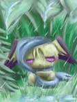 ambiguous_gender blue_scarf day fur grass leaf mouth_closed outside paws plant purple_eyes rain_drops raining scarf sitting solo water_drop yellow_body umikit nintendo pokemon muro_(aots) generation_2_pokemon pichu pokemon_(species) 2016 3:4 digital_media_(artwork) hi_res female_(lore)