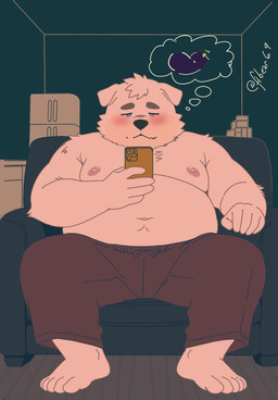 5_fingers 5_toes anthro appliance areola armchair biped blush cellphone chair detailed_background eggplant_emoji electronics eyebrows feet fingers fridge furniture holding_cellphone holding_object holding_phone holding_smartphone inside kitchen_appliance male male_anthro moobs navel nipples overweight overweight_anthro overweight_male phone plantigrade sitting smartphone solo thought_bubble toes fibear canid canine canis domestic_dog mammal hi_res