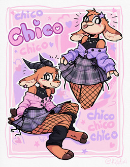 2_horns anthro bell_necklace biped black_eyeliner black_horn blush blush_lines bottomwear brown_body brown_fur clothed clothing cloven_hooves dipstick_ears ear_markings eyeliner eyeshadow facial_markings female fishnet_stockings fur halter_top head_markings head_tuft heart_symbol hooves horn inner_ear_fluff jewelry key key_necklace leg_warmers legwear looking_at_viewer makeup markings multicolored_ears multiple_poses necklace outline pose purple_eyeshadow scut_tail short_tail sitting skirt smile solo standing tail tan_body tan_fur text tongue tongue_out tuft underhoof white_body white_fur white_outline fuel_(artist) chico_(fuel) antelope bovid gazelle mammal 2026 absurd_res english_text hi_res signature