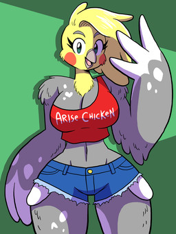anthro bottomwear breasts cleavage clothed clothing denim denim_bottomwear denim_clothing denim_shorts female looking_at_viewer navel non-mammal_breasts non-mammal_navel open_mouth raised_arm shirt shorts solo tank_top thick_thighs topwear wide_hips grepstrash avian bird cockatiel cockatoo parrot 3:4