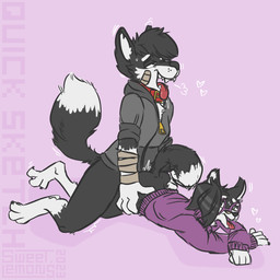 3_toes 4_fingers ambiguous_penetration anthro bandage big_tail black_body black_fur black_hair black_nose bodily_fluids bottomless breath claws clothed clothed_sex clothing collar cum cum_inside curled_tail dark_body dark_fur dark_hair dipstick_tail duo eyewear fangs feet female fingers fluffy fluffy_tail from_behind_position fur fur_markings genital_fluids glasses grey_clothing grey_topwear hair half-closed_eyes hands_on_hips heart_symbol highlights_(coloring) hoodie hoodie_only inner_ear_fluff intimate jockey_position long_tail looking_pleasured love male male/female markings multicolored_body multicolored_fur narrowed_eyes open_mouth orgasm orgasm_face panting paws penetration pointy_ears prick_ears prone_bone_position purple_background purple_clothing purple_eyewear purple_glasses purple_topwear seductive sex shadow simple_background simple_coloring simple_eyes spread_toes tail tail_markings teeth toes tongue tongue_out topwear topwear_only tuft two_tone_body two_tone_fur two_tone_tail white_body white_fur white_tail_tip sweet.lemons canid canine canis domestic_dog mammal 1:1 2023 digital_drawing_(artwork) digital_media_(artwork) digital_painting_(artwork) hi_res painting_(artwork) shaded signature simple_shading