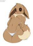 2021 absurd_res anthro anthrofied breasts brown_body brown_eyes brown_fur brown_nose canid clothed clothing eevee featureless_breasts female fur gatotorii generation_1_pokemon hand_on_breast head_tuft hi_res hip_tuft looking_down mammal navel neck_tuft nintendo nipple_outline open_mouth panties pokemon pokemon_(species) pokemorph simple_background skindentation small_breasts solo standing tail tail_tuft tan_body tan_fur text thick_thighs tongue topless tuft underwear url white_background white_clothing white_panties white_underwear