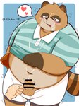 anthro balls belly blush bodily_fluids bottomwear brown_body censor_bar clothing cum cum_on_face cum_on_hand cum_on_penis duo erection genital_fluids genitals heart_symbol humanoid_genitalia humanoid_hands humanoid_penis ineffective_censorship kemono male navel overweight overweight_male penis rugby rugby_ball shirt shorts simple_background solo_focus topwear nakidori218 canid canine mammal raccoon_dog tanuki 2022 3:4 censored hi_res