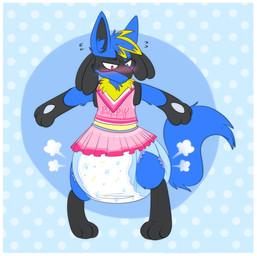 3_fingers 3_toes ambiguous_gender anthro black_body black_fur black_inner_ear blue_background blue_body blue_ears blue_fur blue_inner_ear_fluff blue_tail blush blush_lines bodily_fluids border bottomwear cheerleader cheerleader_outfit clean_diaper clothed clothing crop_top diaper diaper_puff dotted_background feet fingers flying_sweatdrops front_view fur gloves_(marking) grumpy heterochromia inner_ear_fluff leg_markings markings multicolored_body multicolored_fur narrowed_eyes pattern_background pink_bottomwear pink_clothing pink_crop_top pink_shirt pink_skirt pink_topwear shirt simple_background skirt socks_(marking) solo standing sweat sweatdrop tail text text_on_clothing text_on_crop_top text_on_shirt text_on_topwear toes topwear tuft wearing_diaper white_border yellow_body yellow_fur jupiters nintendo pokemon collin_(collin-lucario) generation_4_pokemon hybrid_pokemon lucario pokemon_(species) riolu english_text full-length_portrait hi_res portrait