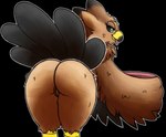 anthro beak big_butt black_body black_feathers brown_body brown_feathers butt feathers female genitals holding_object looking_at_viewer looking_back multicolored_body nude presenting presenting_hindquarters pussy smile smiling_at_viewer solo tongue tongue_out two_tone_body wings yellow_beak phantasmalfurry avian digital_media_(artwork) hi_res