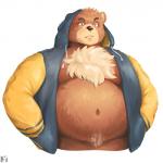 anthro belly bottomless brown_body brown_fur clothed clothing fur hoodie male moobs navel overweight overweight_anthro overweight_male simple_background solo topwear white_background m7 bear mammal 1:1 2019