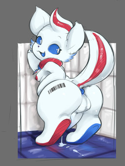 anthro anus balls barcode blue_eyes bodily_fluids butt cum cum_drip cum_on_ground dripping femboy fur genital_fluids genitals humanoid_genitalia humanoid_penis looking_back male moobs penis presenting presenting_hindquarters puffy_anus red_body red_fur shortstack solo white_body white_fur cryankiebuillar froogg brushcat_(froogg) domestic_cat felid feline felis mammal hi_res