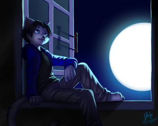 anthro black_clothing black_hair black_shirt black_topwear black_undershirt blue_clothing blue_eyes blue_jacket blue_outerwear blue_topwear bottomwear clothing comforting denim denim_bottomwear denim_clothing fur grey_body grey_bottomwear grey_clothing grey_fur grey_jeans grey_pants hair jacket jeans male moon night open_window pants shirt solo topwear window pak009 gojiro_(pak009) domestic_cat felid feline felis mammal russian_blue 2017 5:4