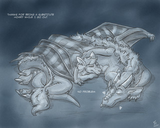 anthro duo eyes_closed female feral fur hair heart_symbol horn male male/female membrane_(anatomy) membranous_wings sleeping tail tail_tuft tuft wings flinters mythology hazard_drake kandace_(sugarnutz) dragon kangaroo macropod mammal marsupial mythological_creature mythological_scalie scalie hi_res