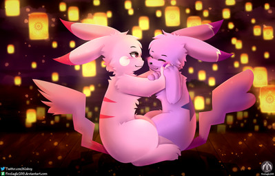 ambiguous_gender anthro blush cleft_tail dipstick_ears duo ear_markings female fur lamp lantern love male multicolored_ears night paper_lantern pink_body pink_fur purple_body purple_fur romantic romantic_ambiance romantic_couple semi-anthro sitting sky_lantern sparkly tail text water senz fakemon nintendo pokemon reimachu generation_1_pokemon pikachu pokemon_(species) hi_res url