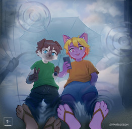bottomwear cellphone clothing duo electronics flip_flops footwear fur gesture hair hand_gesture hand_in_pocket heterochromia kemono male orange_hair phone pockets puddle purple_body purple_fur raindrop ripples sandals shirt shoes shorts smartphone solo t-shirt taking_picture topwear v_sign young strayrozerem roze_(strayrozerem) stoplight canid canine canis domestic_cat domestic_dog felid feline felis mammal 2025 full-length_portrait portrait