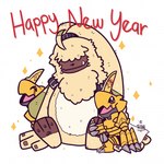 anthro fur group hair hair_over_eyes holidays long_ears male ponytail_ears sitting text trio yellow_body yellow_fur ridgeone1 bandai_namco chinese_zodiac digimon digimon_ghost_game new_year year_of_the_rabbit angoramon digimon_(species) lagomorph leporid mammal rabbit zubamon 1:1 english_text hi_res