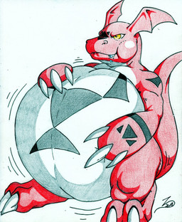 belly big_belly bloated bodily_fluids chubby_cheeks claws digital_hazard head_wings male markings morbidly_obese motion_lines obese overweight red_body saliva simple_background solo symbol tail unusual_wing_placement white_background white_belly white_body wings yellow_eyes zodimwolfclaw bandai_namco digimon digimon_(species) dinosaur guilmon prehistoric_species reptile scalie hi_res