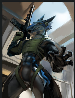4_fingers anthro assault_rifle clothing fingers gloves gun handwear latex latex_clothing latex_skinsuit male ranged_weapon rifle skinsuit solo standing tight_clothing weapon atom_sergal sergal hi_res
