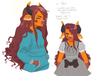 anthro clothing crossdressing_male dress grey_clothing grey_dress hair hand_in_pocket hoodie horn long_hair looking_at_viewer male markings orange_body pockets pouting red_hair ribbons simple_background smile solo star_(marking) text topwear corablue bovid bovine cattle mammal 2026 digital_media_(artwork) english_text hi_res