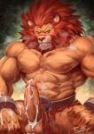 abs anthro biceps bodily_fluids clothing cum for_a_head genital_fluids genitals humanoid_genitalia humanoid_penis male muscular muscular_anthro muscular_male nipples pecs penis simple_background solo rabbity red_earth leo_(red_earth) animal_head animal_humanoid felid humanoid lion mammal pantherine 2019 hi_res