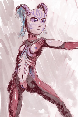 abs antenna_hair antennae_(anatomy) anthro breasts casual_nudity exoskeleton female genitals hair low-angle_view markings navel nipples purple_body purple_eyes purple_nipples purple_vulva red_body ridges skinny small_breasts solo standing vulva young tabloi green_lantern green_lantern_(series) fan_character alien alien_humanoid humanoid inguanzan hi_res