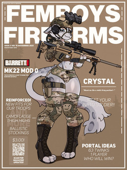anthro armor boots bulge camo clothing digitigrade footwear gun headgear helmet knee_pads legwear male ranged_weapon rifle shoes sniper_rifle solo text thigh_highs weapon marcus_gray felid feline mammal cover english_text hi_res magazine_cover
