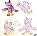 beak bird_cage blue_body blue_eyes blue_feathers claws feather_tuft feathers female open_mouth pink_body pink_feathers red_beak red_claws ring_on_leg semi-anthro solo text toe_claws tuft phoenixsalover bandai_namco digimon avian biyomon digimon_(species) 2016 english_text signature sketch