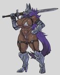 abs armor big_breasts bikini boots breasts brown_body brown_skin clothing deltoids female footwear furgonomics genitals hair headgear helmet high_heeled_boots high_heels huge_breasts melee_weapon micro_bikini muscular muscular_female purple_hair purple_tail pussy pussy_floss quads scar shoes solo swimwear sword tail two-piece_swimsuit weapon hutago animal_humanoid humanoid mammal mammal_humanoid 2023 absurd_res hi_res