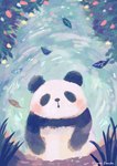 anthro biped black_body black_nose blush detailed_background leaf solo water white_body araru bear giant_panda mammal 2024 hi_res