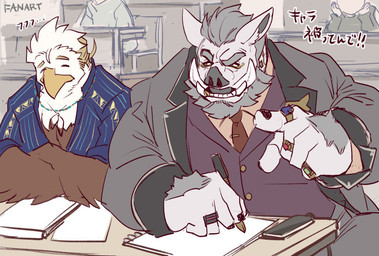 anthro beard blonde_hair chuckling clothing dialogue exposed_chest facial_hair gesture gold_(metal) gold_tooth grey_hair hair hand_gesture jewelry male necktie notebook pen pointing ring school suit 1boshi ichiboshi49_k lifewonders tokyo_afterschool_summoners thunderbird_(tas) y'golonac_(tas) accipitrid accipitriform avian bald_eagle bird eagle mammal sea_eagle suid suine sus_(pig) wild_boar
