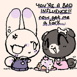 alternative_fashion ambiguous_anthro ambiguous_gender angry anthro blush blush_lines chibi clothed clothed_anthro clothing collar cross-popping_vein dialogue dress duo ear_piercing ear_stud ellipsis emo empty_eyes eyelashes eyes_closed food fur happy multicolored_body multicolored_fur piercing pink_clothing purple_clothing short_tail spiked_collar spikes squigglevision sweater tail tail_motion tailwag topwear waffle white_eyes yelling ligma_(artist) canid canine lagomorph leporid mammal rabbit 1:1 animated animated_gif short_playtime