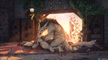 4_ears 4_horns 4_toes anthro big_penis black_hair book bookshelf cuddling curtains detailed_background dominant duo feet female fur furniture genitals hair hand_holding horn huge_penis kissing lamp lantern larger_dom male male/female multi_ear multi_horn penis pillow plant rug size_difference striped_body striped_fur stripes sunset toes vines white_body white_fur the_gentle_giant guild_wars charr felid mammal 16:9 4k absurd_res hi_res wallpaper widescreen