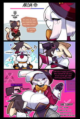 accessory anthro areola arms_tied armwear big_areola big_breasts bound bow_tie braided_hair breasts brown_hair bunny_costume clothing costume defeated ear_piercing ear_ring enemy_conversion female fishnet_clothing fishnet_legwear fluffy game_over gameplay_mechanics glistening glistening_eyes glitter hair hat headgear headwear hoop huge_breasts implied_permanent jacket legwear magic magician magician_hat memory_erasure memory_modification mind_control necktie piercing ring_piercing shirt shocked smug sparkles stats t-shirt tail text topwear transformation shiyaa_stuff ariya_(shiyaa_stuff) shai_(shaimin) felid feline lagomorph leporid mammal rabbit absurd_res comic english_text hi_res