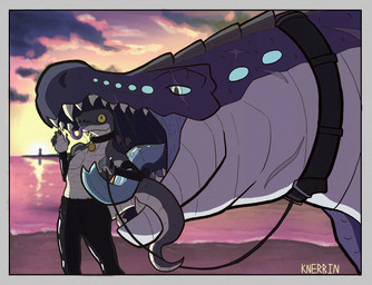 anthro arm_warmers armwear beach bodily_fluids bottomwear clothing cloud collar detailed_background duo facial_scar forked_tongue imminent_vore leash leashed_collar long_tongue looking_at_another male male/male open_mouth outside pants saliva saliva_string scar sea sharp_teeth shirtless_anthro shirtless_male size_difference sunset tail teeth text tongue tongue_out water knerbin mythology knerbin_(knerbin) valyx_(character) mythological_creature mythological_scalie reptile scalie snake 2025 artist_name hi_res