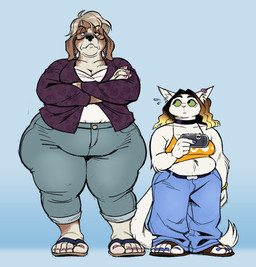 5_toes anthro belly belt_buckle black_nose blue_background blue_bottomwear blue_clothing blue_pants bodily_fluids bottomwear brown_body brown_fur buckle choker clothed clothing crop_top crossed_arms denim denim_bottomwear denim_clothing duo elderly elderly_anthro elderly_female electronics eyewear feet female female/female flip_flops footwear fur glasses green_eyes grey_bottomwear grey_clothing grey_pants holding_object holding_phone jeans jewelry legwear long_tail midriff multicolored_body multicolored_fur necklace oversized_bottomwear oversized_clothing oversized_pants overweight pants phone pink_nose pointy_ears ring sandals shirt shoes simple_background slightly_chubby slightly_chubby_anthro slightly_chubby_female sweat sweatdrop tail thigh_highs toes topwear white_clothing white_feet white_footwear silverscarf t-mobile bonnie_(silverscarf) margarine_(silverscarf) canid canine canis domestic_cat domestic_dog felid feline felis mammal turkish_angora 2025 digital_media_(artwork)