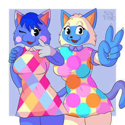:3 anthro arm_around_shoulders biped blue_body blue_fur blue_hair border breasts clothed clothed_anthro clothed_female clothing dress duo female fingers fur gesture grey_background hair hand_gesture hand_on_shoulder happy humanoid_hands looking_at_viewer medium_breasts one_eye_closed open_mouth open_smile pose short_hair side_hug simple_background smile tail tan_body tan_fur text v_sign white_border alwinmeistro animal_crossing nintendo mitzi_(animal_crossing) rosie_(animal_crossing) domestic_cat felid feline felis mammal 1:1 absurd_res artist_name colored digital_media_(artwork) hi_res portrait shaded three-quarter_portrait