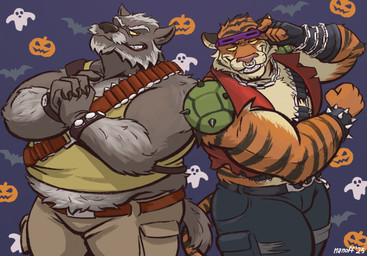 age_difference ammunition anthro armband bandolier barazoku beer_belly belly belt biceps big_belly big_muscles black_belt black_body black_bottomwear black_clothing black_fingerless_gloves black_fur black_gloves black_handwear black_pants black_wristband bottomwear bracelet brown_belt brown_bottomwear brown_clothing brown_pants chain chain_jewelry chain_necklace claws clothed clothing costume cracking_knuckles duo evil_grin exposed_chest eyewear eyewear_on_head facial_piercing fingerless_gloves fist flexing flexing_bicep flexing_both_biceps flexing_muscles flexing_pecs fur gloves grey_body grey_fur grin grinning_at_viewer halloween_costume halloween_costumes halloween_themed handwear holidays jack-o'-lantern jewelry male male/male manly markings mature_anthro mature_male musclegut muscular muscular_anthro muscular_arms muscular_male muscular_thighs necklace nose_piercing nose_ring older_anthro older_male open_clothing open_topwear open_vest orange_body orange_fur pants piercing pose presenting presenting_body purple_eyewear purple_sunglasses red_clothing red_topwear red_vest ring_piercing shirt shoulder_pads showing_off_muscles smile smiling_at_viewer smirk smirking_at_viewer spiked_armband spiked_bracelet spiked_shoulder_pads spikes standing striped_body striped_fur striped_markings striped_tail stripes sunglasses sunglasses_on_head tail tail_markings thick_arms thick_thighs topwear tough_guy vest wearing_sunglasses white_body white_fur wristband yellow_clothing yellow_eyes yellow_shirt yellow_topwear younger_anthro younger_male nanoff halloween bebop boomer_(nanoff) miles_(nanoff) rocksteady canid canine canis felid feline mammal pantherine tiger wolf hi_res