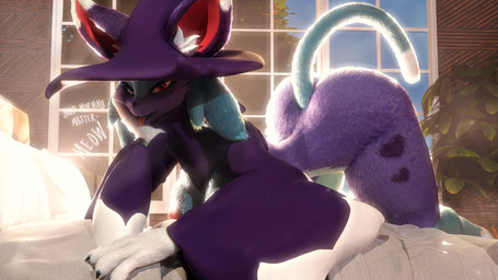 all_fours anthro areola bed bedroom big_breasts big_butt big_ears breasts butt claws clothing day dialogue female fur furniture good_morning hat headgear headwear heart_(marking) inner_ear_fluff inside looking_at_viewer markings meow nipples on_bed open_mouth open_smile palmorph pink_areola pink_nipples plant plant_pot potted_plant pseudo_clothing purple_body purple_fur red_eyes small_waist smile smiling_at_viewer solo tail talking_to_viewer teal_body teal_fur text thick_thighs tongue tongue_out tuft whiskers wide_hips window witch_hat mrs_dexie furromantic_(modeler) palworld pocketpair katress_(furromantic) felid feline katress mammal pal_(species) 16:9 2025 3d_(artwork) 4k absurd_res digital_media_(artwork) english_text hi_res widescreen