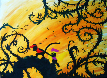 art_nouveau blonde_hair clothing cloud duo female hair hand_holding hat headgear headwear long_hair male plant silhouette spikes vines reneebadger donkey_kong_(series) nintendo diddy_kong dixie_kong haplorhine mammal monkey primate